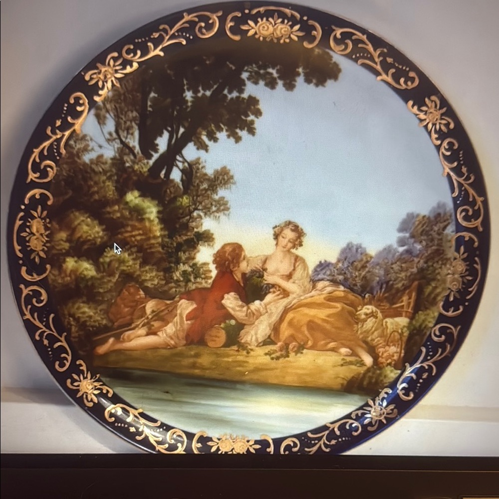 Elegant Hand Painted Scene Plate with a Courting Couple Scene, Marked